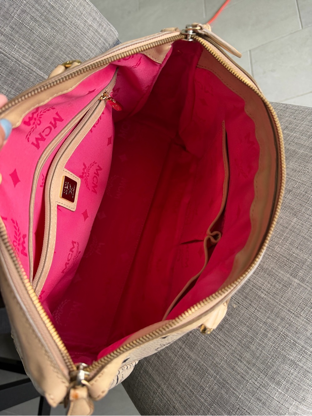MCM Beige Satchel with Pink and Mint Center Stripe - Picture 13 of 15